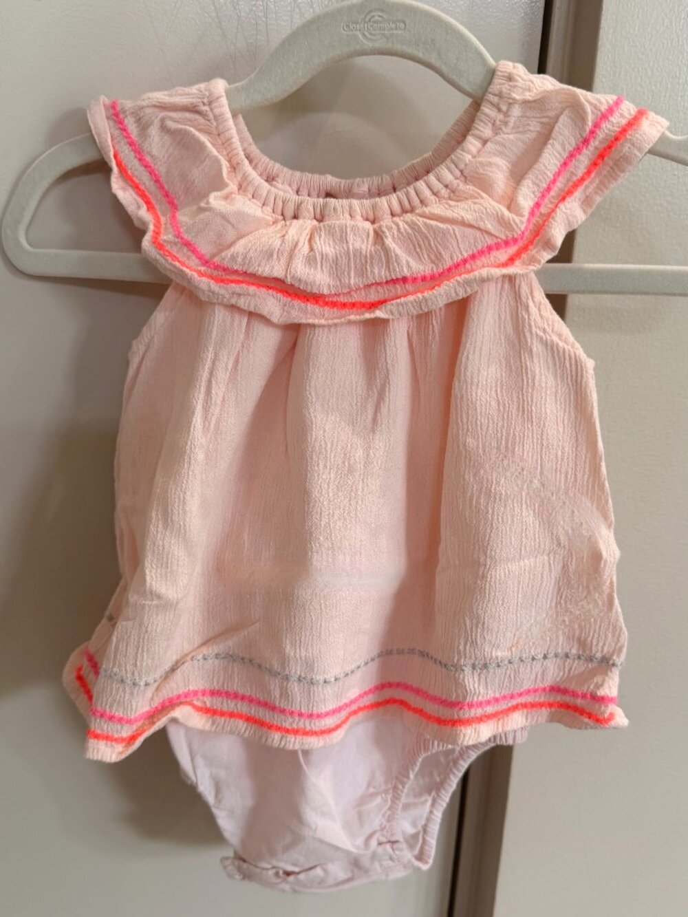 Baby Gap Pink Ruffle Romper with Neon Embroidery 6-12 Months